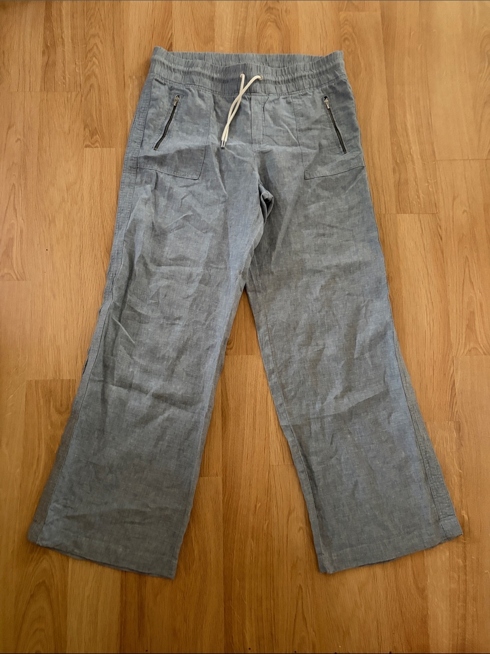 Athleta Cabo Linen Wide Leg Pants Women’s 14 Tall Blue Drawstring